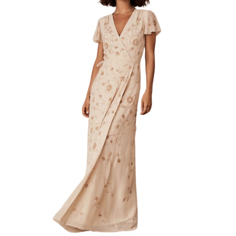 BHLDN: Plymouth Beaded Wrap Dress in Oyster (Size 18)